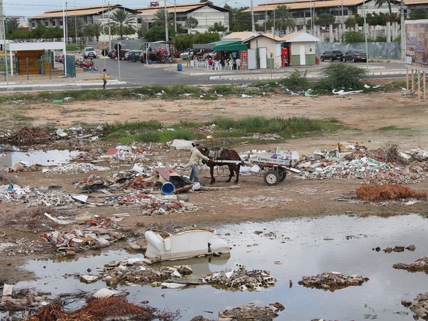 Carroceiro joga lixo em terreno (Foto: Taisa Alencar/G1)