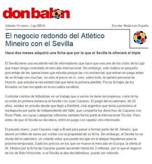 Site Don Balon cita interesse do Sevilla em Juan Cazares, do Atlético-MG (Foto: Reprodução)