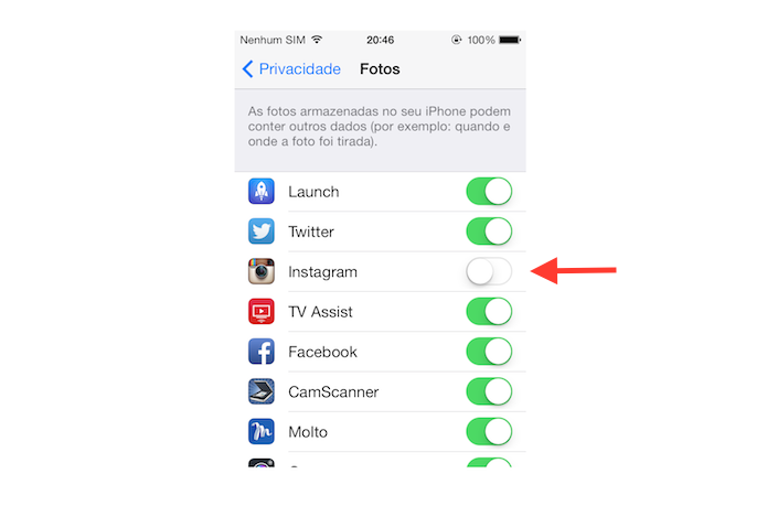 Desativando a conexão do Instagram com a biblioteca de imagens do iOS (Foto: Reprodução/Marvin Costa)