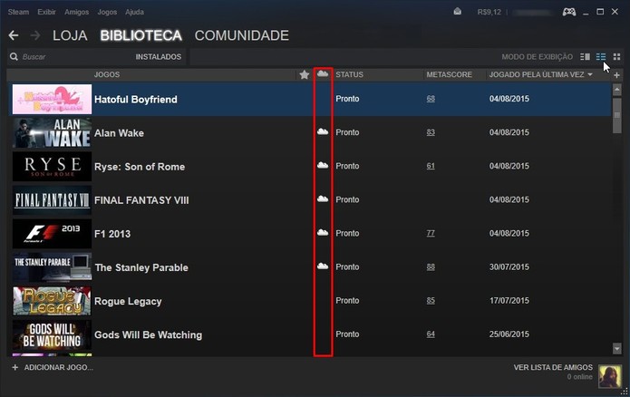 Os jogos compatíveis apresentam um ícone de nuvem na visualização em lista (Foto: Reprodução/Cássio Barbosa)