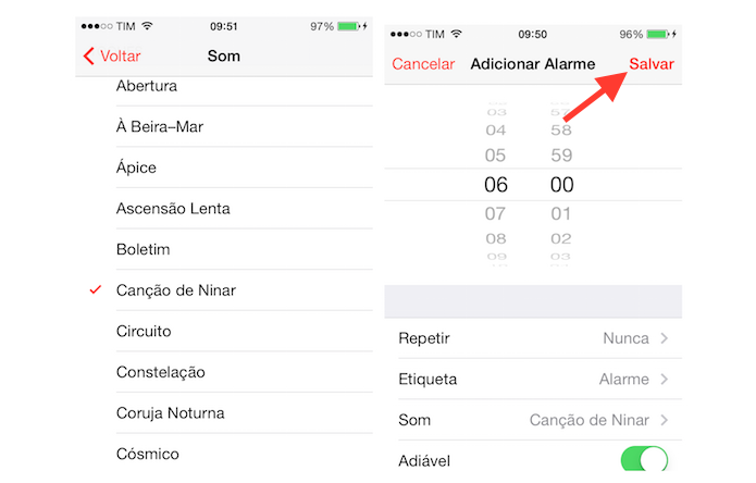 Definindo um som para o alarme e encerrando a configuração do despertado do iPhone (Foto: Reprodução/Marvin Costa)