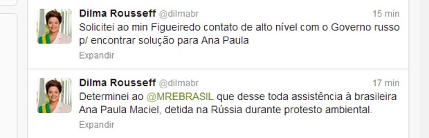 Mensagens da presidente Dilma no Twitter (Foto: Reprodução )