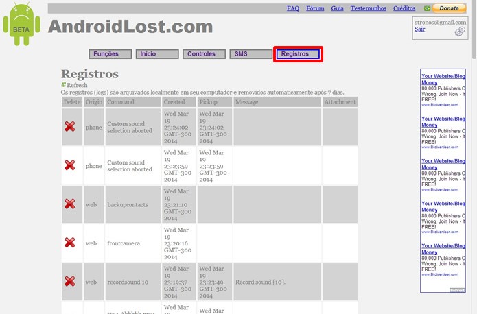Em “Registros” é possível visualizar todas as atividades do serviço remoto do Android Lost (Foto: Reprodução/Daniel Ribeiro)