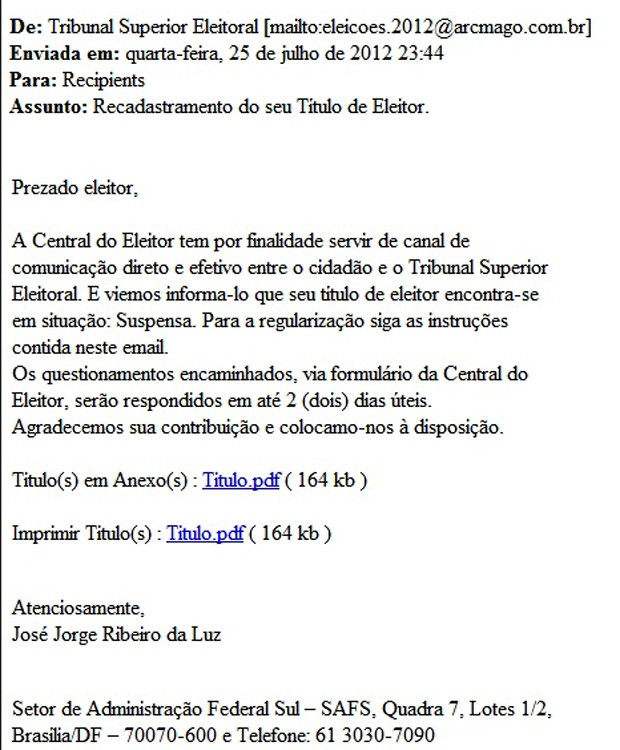 Reprodução do texto do e-mail falso enviado a internautas (Foto: Reprodução / Divulgação / TSE)