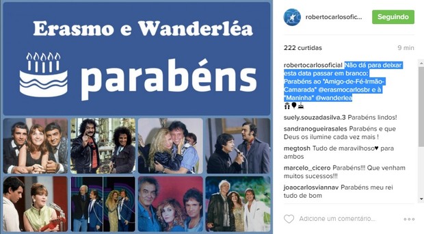 Roberto Carlos faz post em homenagem a Erasmo e Wanderlea (Foto: Reprodução/Instagram)
