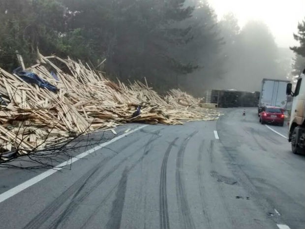 Carga de madeira está espalhada na pista  (Foto: Divulgação/ PRF)
