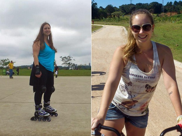 Ela descobriu a paixão pelo patins e acredita que encontrar o prazer em algum esporte é uma dica importante para perder peso; fotos mostram antes e depois (Foto: Arquivo pessoal)