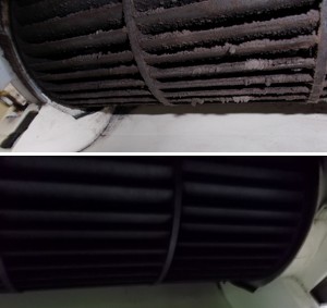 Fotos mostram ar-condicionado antes da limpeza (em cima) e depois da limpeza; acúmulo de sujeira pode levar a sintomas (Foto: Hideraldo Esteves/Airtemp/Divulgação)