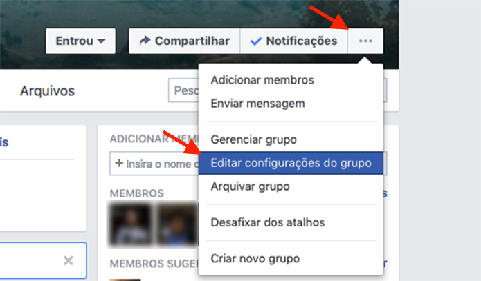 Opção para acessar a página de configurações de um grupo no Facebook (Foto: Reprodução/Marvin Costa)