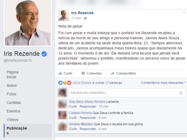 Iris Rezende (PMDB) lamentou morte de seu personal trainer em rede social Goiânia Goiás (Foto: Reprodução/Facebook)