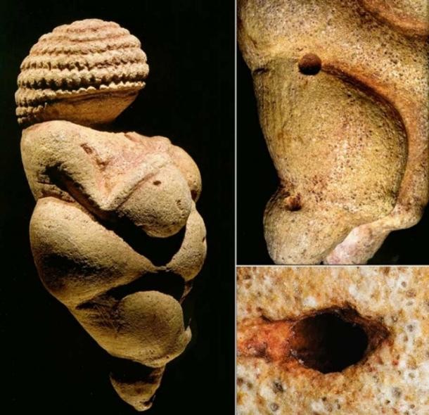 A Vênus de Willendorf. Esquerda: vista lateral. Parte superior direita: cavidades na anca e perna direita. Parte inferior direita: furo para formar o umbigo ampliado (Foto: Kern, A. & Antl-Weiser, W. Venus)