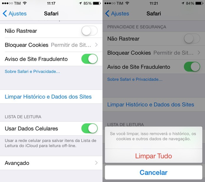 Limpe o histórico e dados do Safari para acelerar o desempenho do iPhone (Foto: Reprodução/Juliana Pixinine)