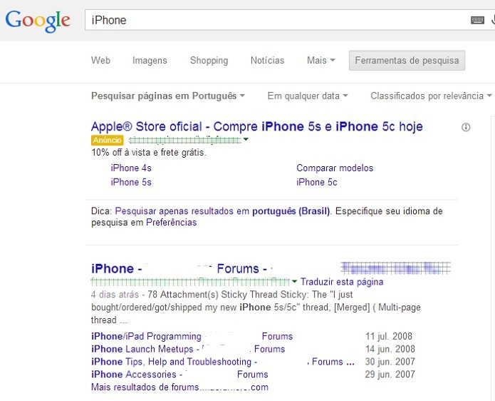 Diversos fóruns aparecem no resultado das buscas no Google (Foto: Reprodução/Taysa Coelho) Diversos fóruns aparecem no resultado das buscas no Google (Foto: Reprodução/Taysa Coelho)
