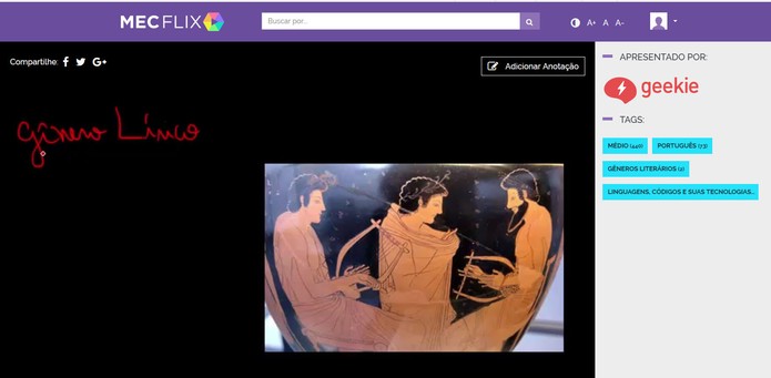 Videos do MECFlix podem ser exibidos em tela cheia e salvos no perfil do usuário (Foto: Reprodução/Barbara Mannara)