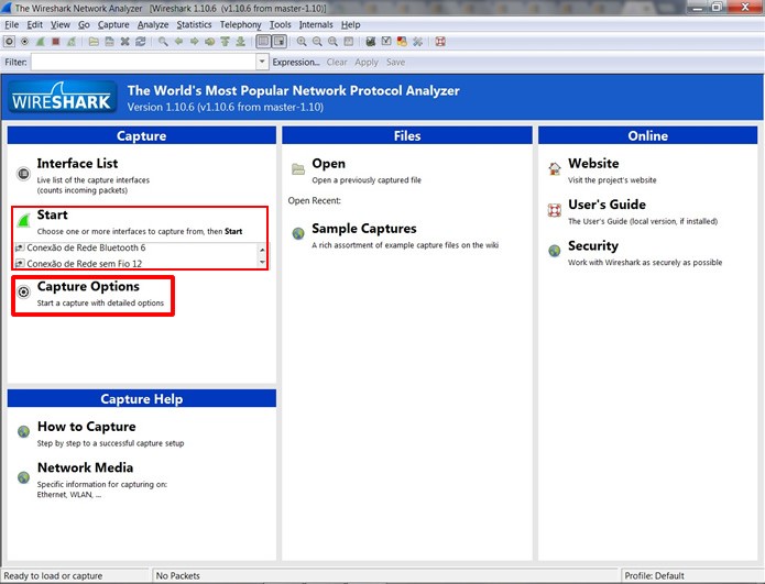 Execute o WireShark, escolha a rede que será monitorada e clique em “Capture Options” (Foto: Reprodução/Daniel Ribeiro)