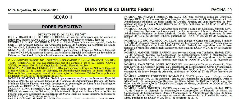 Nomeação de Artur da Cunha Nogueira no Diário Oficial do DF  (Foto: Reprodução/DODF)