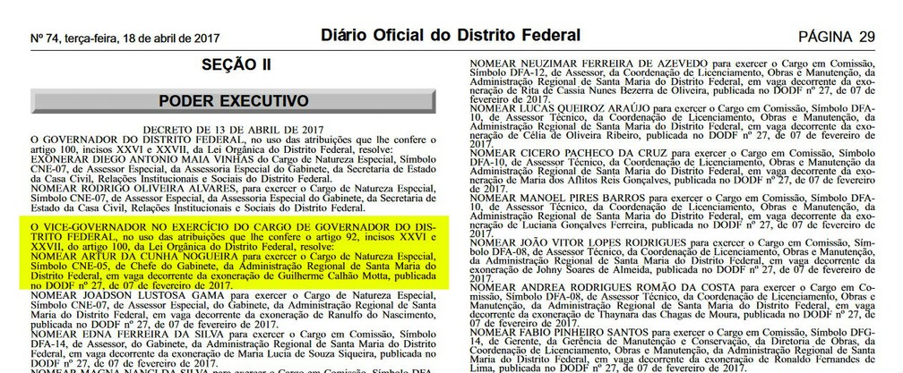 Nomeação de Artur da Cunha Nogueira no Diário Oficial do DF (Foto: Reprodução/DODF)