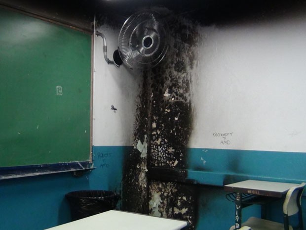 Sala de aula ficou parcialmente destruída pelo fogo.  (Foto: VC no G1)