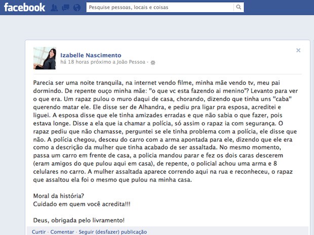 Professora usou a rede social para comentar a prisão em João Pessoa (Foto: Reprodução/Facebook)