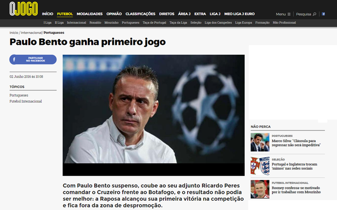 Português "O jogo" noticia vitória cruzeirense contra o Botafogo (Foto: Reprodução/Internet) Português "O jogo" noticia vitória cruzeirense contra o Botafogo (Foto: Reprodução/Internet)