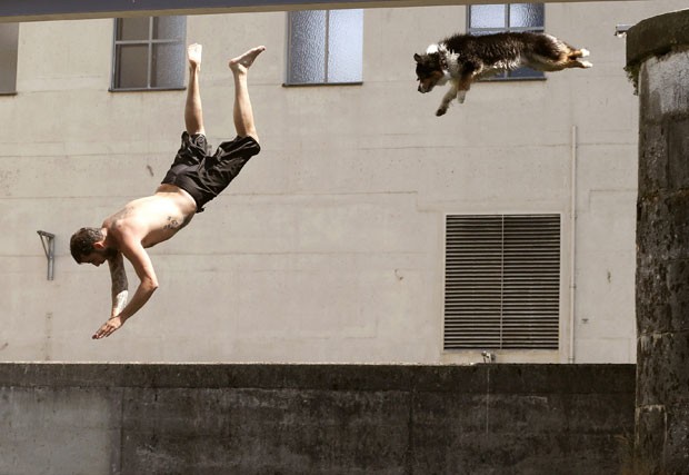 Cão encara salto ao lado do dono para se refrescar em rio na Suíça