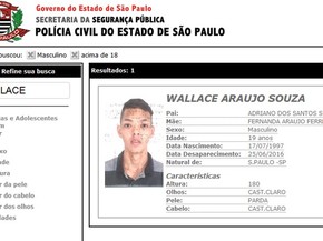 Wallace Araújo Souza está desaparecido desde que foi abordado por policiais militares no sábado (25) (Foto: Reprodução/Site da Secretaria de Segurança Pública)