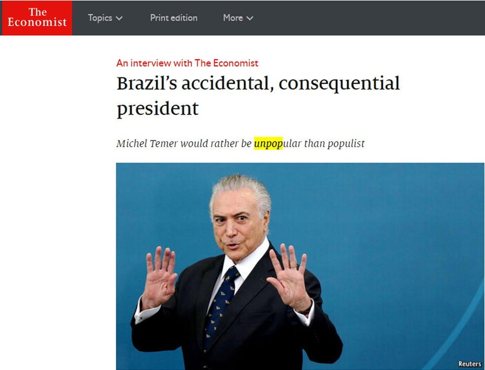 Temer deu entrevista à revista 'The Economist' (Foto: Reprodução/The Economist)