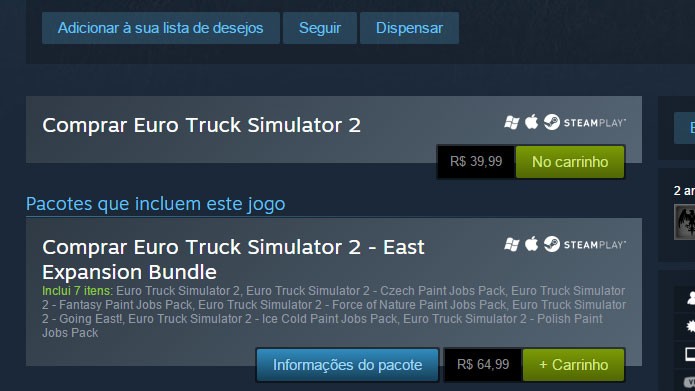 Clique em Carrinho para comprar Euro Truck Simulator 2 no Steam (Foto: Reprodução/Tais Carvalho)