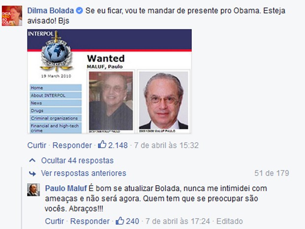 Maluf responde a comentÃ¡rios em seu Facebook (Foto: ReproduÃ§Ã£o/Facebook)