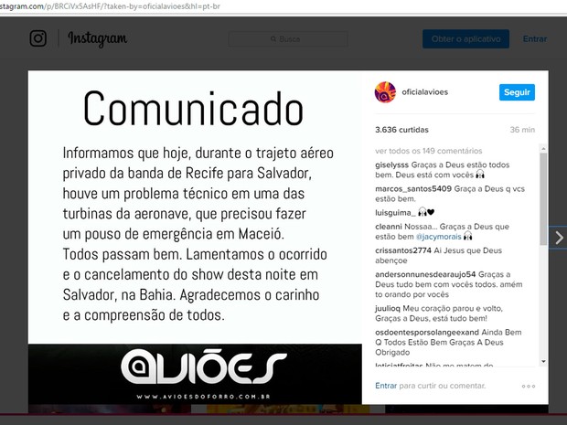 Banda Aviões do Forró fez postagem anunciando cancelamento de show no carnaval de Salvador (Foto: Reprodução/Instagram)