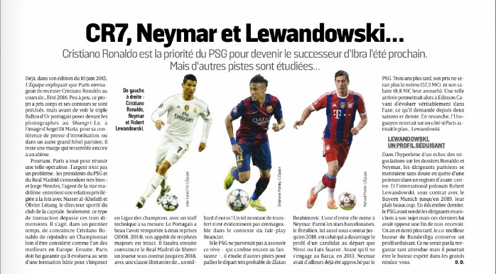 Cristiano Ronaldo, Neymar Lewandowski PSG L'Équipe