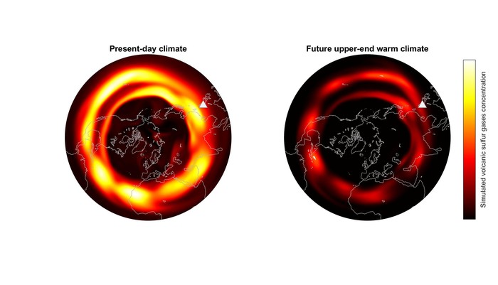 Simulação das concentrações globais de gás de enxofre nos cenários de aquecimento atuais e de pico (Foto: Thomas Aubry, University of Cambridge)