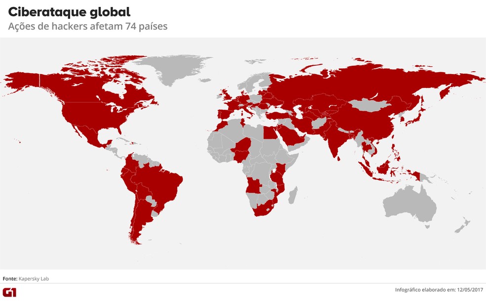 Ataque cibernético aconteceu em mais de 70 países (Foto: Arte G1)