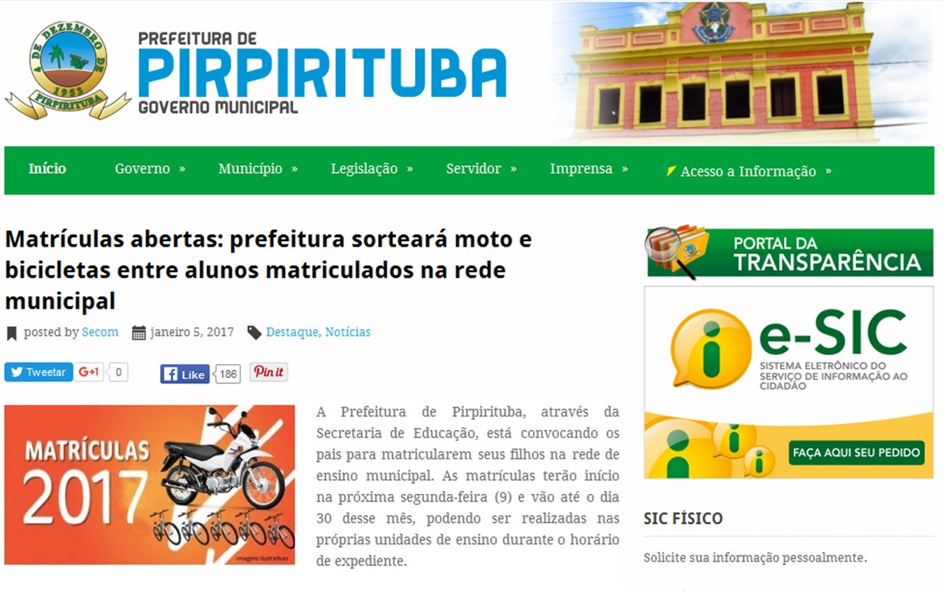 Prefeitura de Pirpirituba, no Agreste paraibano, vai sortear um moto entre os estudantes matriculados na rede municipal de ensino (Foto: Reprodução/pirpirituba.pb.gov.br)