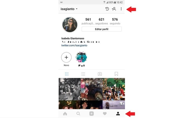 Na página do seu perfil, clique no ícone de Opções, indicado por três pontos no canto da tela (Foto: Reprodução/Isabela Giantomaso) Na página do seu perfil, clique no ícone de Opções, indicado por três pontos no canto da tela (Foto: Reprodução/Isabela Giantomaso)