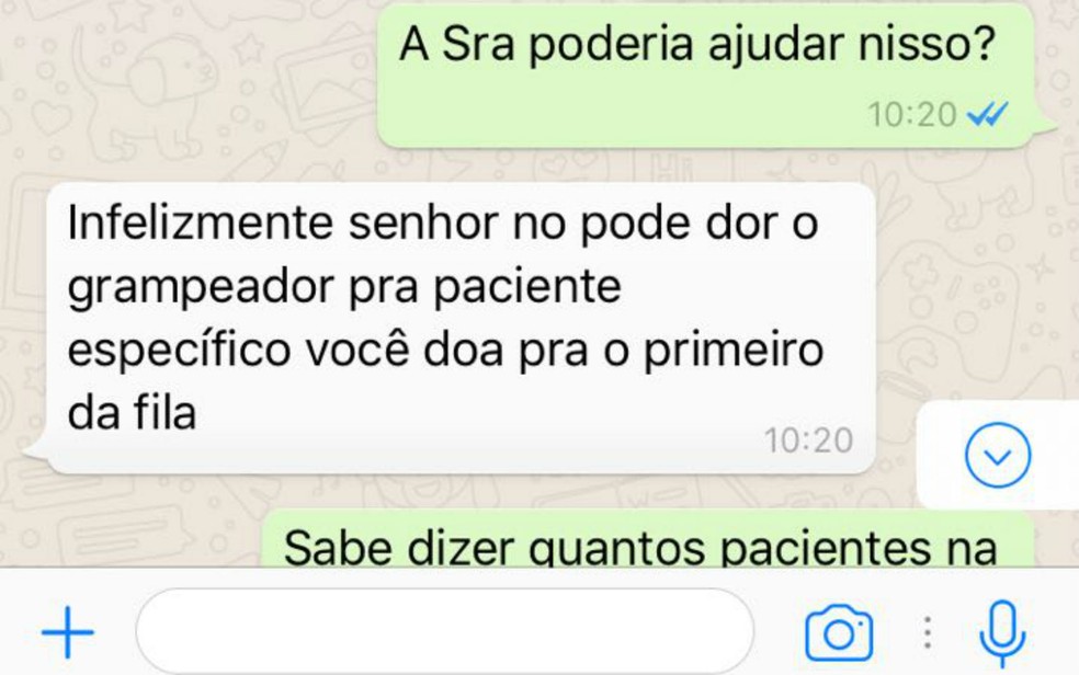 Mensagens trocadas entre doadora do Rio de Janeiro e gerente de medicina cirúrgica do Hmib do Hospital de Base, Márcia Amorim (Foto: Reprodução)