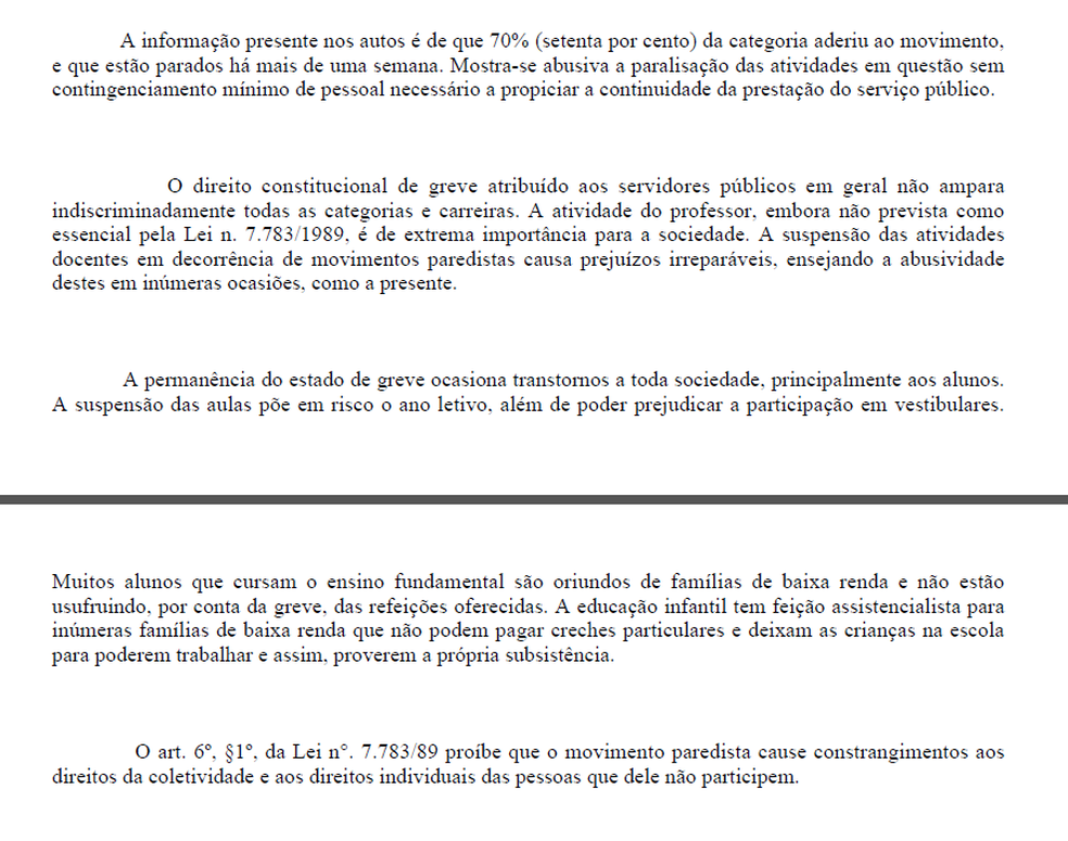 Trecho da decisão do TJ que manda professores encerrarem greve (Foto: Reprodução)