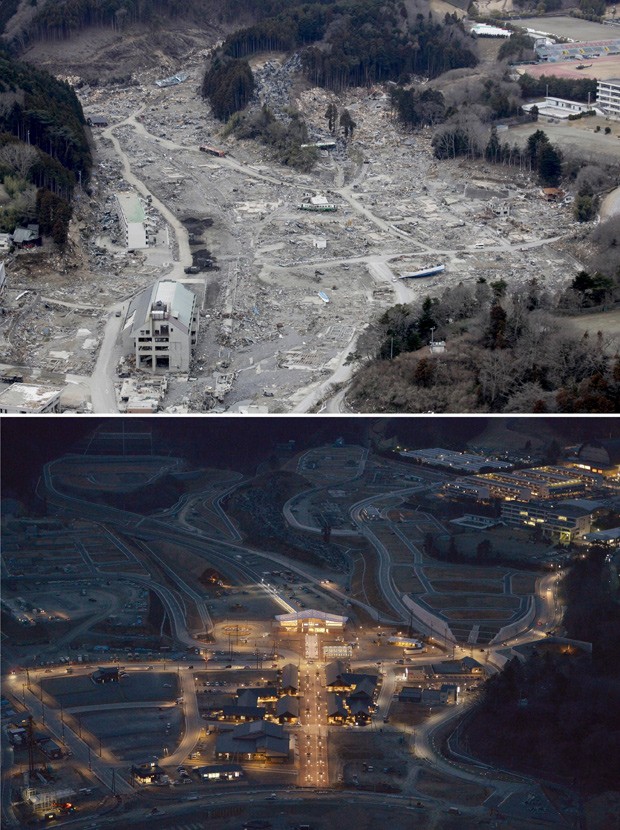 A cidade de Onagawa arrasada pelo tsunami em foto tirada em 4 de março de 2011 (acima); abaixo, foto do mesmo lugar tirada em 3 de março de 2016 (Foto: Kyodo/Reuters)