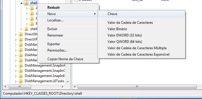 Acessando e criando uma nova chave em HKEY_CLASSES_ROOT\Directory\shell (Foto: Reprodução/Edivaldo Brito)