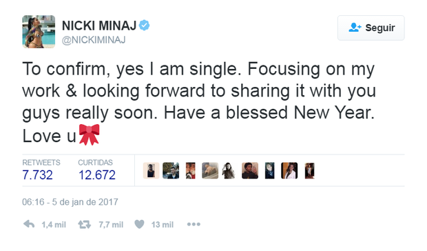 Nicki Minaj anuncia fim de noivado no Twitter (Foto: Reprodução/Instagram)