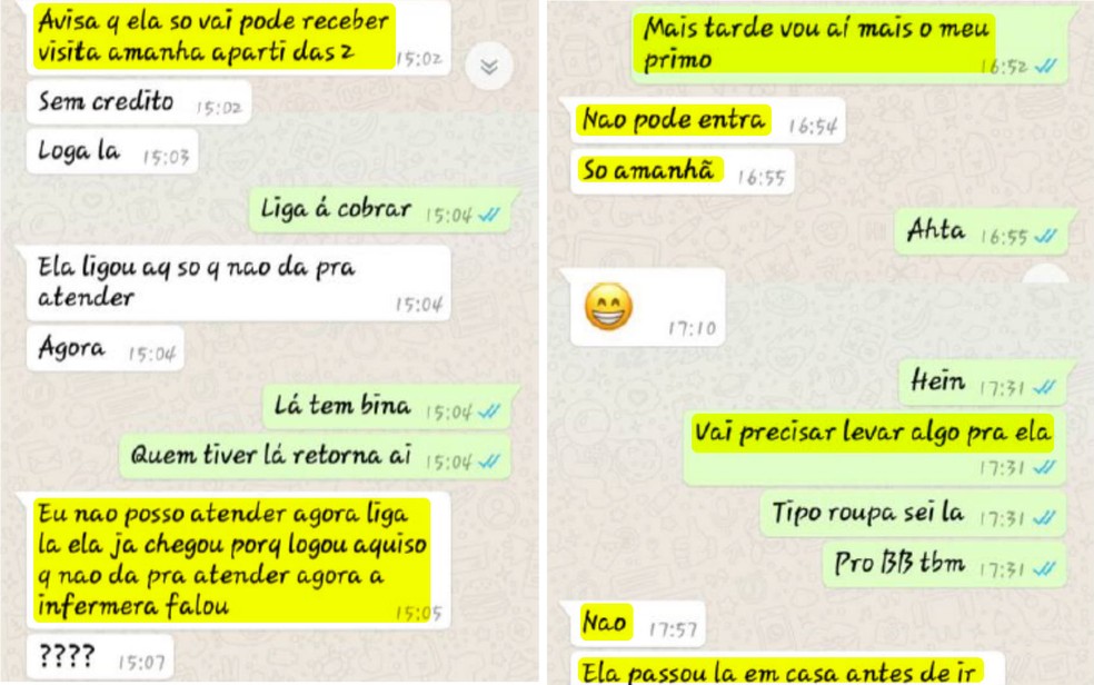 Prints mostram conversa de suspeita de sequestro (fundo branco) e esposo (fundo verde), durante o dia do crime (Foto: WhatsApp/Reprodução)