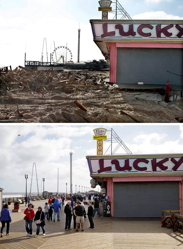Área de diversões no píer de Seaside Heights, em Nova Jersey, foi limpa e voltou a funcionar (Foto: Mel Evans/AP)
