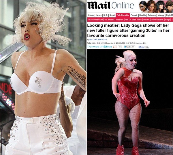 Antes e depois: Lady Gaga em forma durante show no ano de 2010 e gordinha em setembro de 2012 (Foto:  Reprodução/Daily Mail/Lucas Jackson/Reuters)