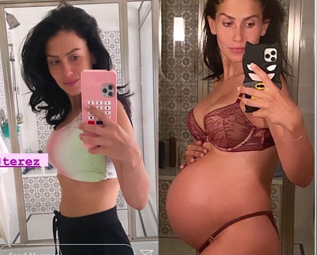 Hilaria Baldwin 6 semanas após dar à luz seu quinto filho e aos 8 meses de gravidez (Foto: Reprodução/Instagram)