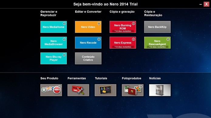 Assim que o Nero 2014 é iniciado você poderá escolher o acesso à um dos oito programas do suíte (Foto: Reprodução/Daniel Ribeiro)
