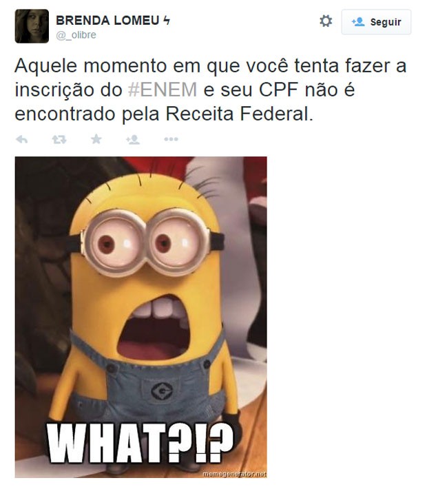 Candidata brinca com meme na hora em que encontrou erro para se inscrever no Enem (Foto: Reprodução/Twitter/_olibre) Candidata brinca com meme na hora em que encontrou erro para se inscrever no Enem (Foto: Reprodução/Twitter/_olibre)