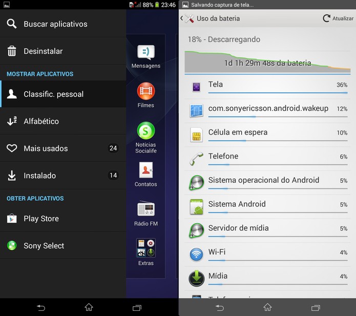 Menu lateral da lista de aplicativos e análise da bateria do Xperia T2 Ultra Dual (Foto: Reprodução)