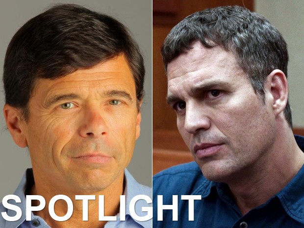 À esquerda, o jornalista Mike Rezendes, e, à dir., Mark Ruffalo em 'Spotlight: Segredos revelados' (Foto: Reprodução/Twitter e Divulgação)