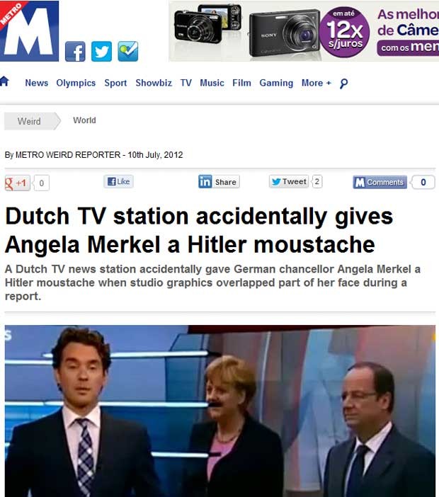 Imagem mostrada por rede de TV da Alemanha mostra a chanceler Angela Merkell com uma mancha no rosto que parece um bigode  (Foto: Reprodução)