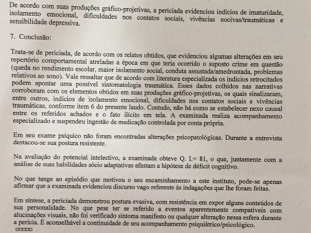 Defesa de Patrícia alega que cliente não possui transtornos de personalidade baseando-se no laudo acima feito pela Polícia Civil de Brasília (Foto: Reprodução)